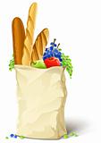 paper bag with fresh food bread and fruits