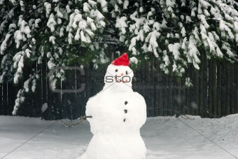 Snowman with Red Hat During Snow Storm