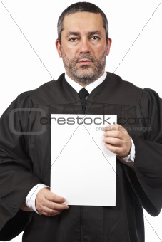 Serious judge holding the blank card