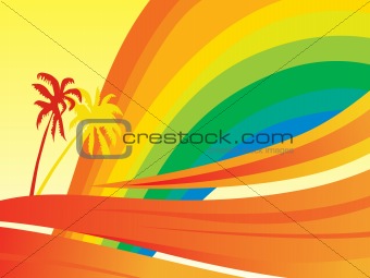 banner, rainbow waves and palm tree