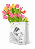 white bag with bouquet of tulips