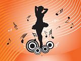 beautiful dancing girl with musical elements on orange background, illustration