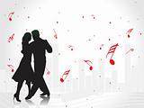 black silhouette of dancing couple and red tune on white background, wallpaper