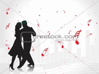black silhouette of dancing couple and red tune on white background, wallpaper