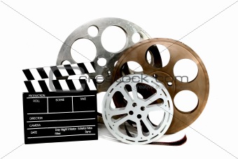 Movie Production Clapper and Film Tins on White