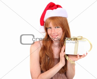 Redhead Wearing Santa Hat Holding Gift