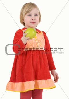 Girl in the red dress with apple