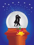 blue background with shining stars and dancing couple in glass ball

