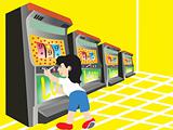 boy playing with slot machine, illustration