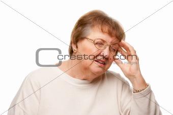 Senior Woman with Aching Head Isolated on a White Background.