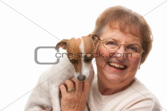 Happy Attractive Senior Woman with Puppy Isolated on a White Background.