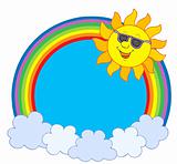 Sun in sunglasses in rainbow circle