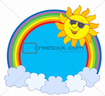 Sun in sunglasses in rainbow circle