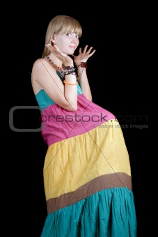 The young beauty woman in a dress. Isolated. Funny picture