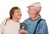 Happy Senior Couple with Passports and Bags Isolated on a White Background.