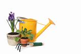 Spring Time Gardening With Watering Can, Trowel and Plantings