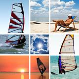 Collage of images on a summer sports theme. Surfing