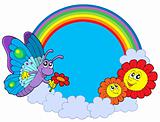 Rainbow circle with butterfly and flowers
