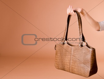 Hand holding leather handbag on the beige background