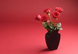 Five roses in the vase on the red background