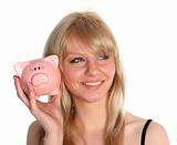 Woman holdnig a piggy Bank