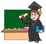 Graduate student with blackboard