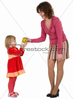Woman, little girl and apple