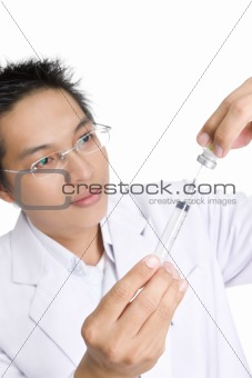 Filling hypodermic syringe with medicine