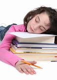 Tired School Girl Doing Her Homework