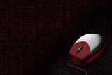 Red computer mouse with cable on digital background