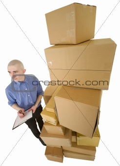 Courier and pile cardboard boxes