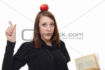 The girl with  book and an apple