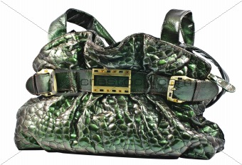 green leather handbag