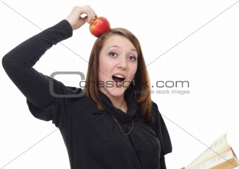 The girl with the book and an apple