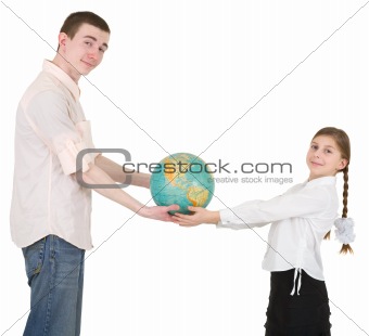 Girl and man hold terrestrial globe