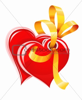 two red hearts with gold ribbon isolated