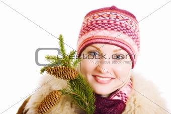 girl with a branch of fur tree
