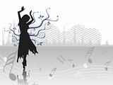 dancing female with floral elements and musical graph background, illustration