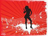dancing girl and musical elements isolated on orange, wallpaper
