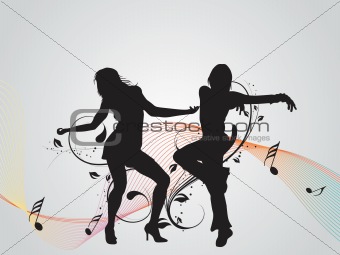 dancing two girl with musical waves and floral elements, illustration