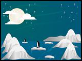 arctic scene with icebergs,mountains,penquins and stars