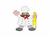 chef with moustache holding rubber chicken by the neck