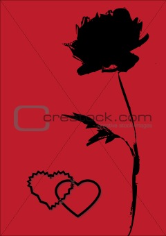black rose and two linked hearts on red background