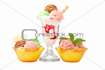 Three multi flavor ice cream glasses
