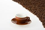 espresso cup and coffee beans on white background