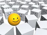 Bright sphere with smile in row of grey boxes