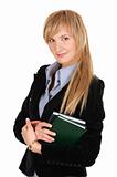 Business woman with a notepad. Isolated over white.