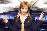 blond air hostess (stewardess) in the empty airliner cabin