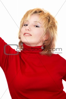 beautiful young blond girl in red. isolated on white.