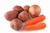  carrots, potatoes and onion on white background